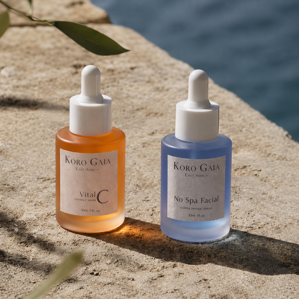 Glass bottle of Koro Gaia No Spa Facial daily treatment serum for uneven texture and barrier support